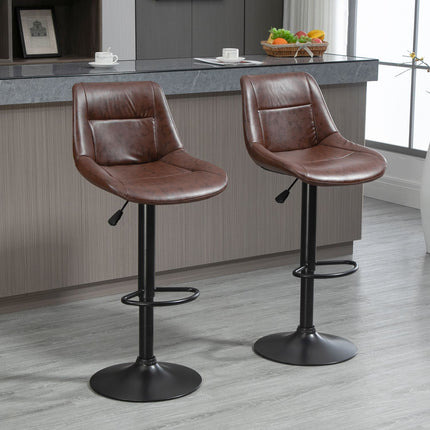 Adjustable barstools in brown artificial leather with backrest, set of 2