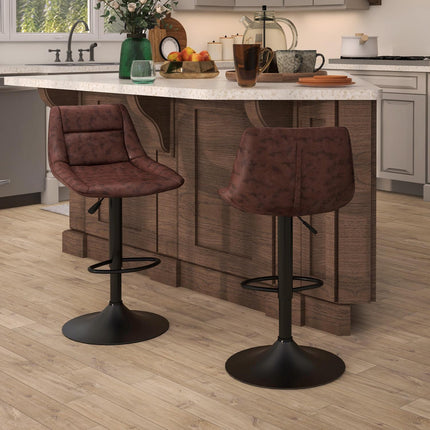 Adjustable barstools in brown artificial leather with backrest, set of 2