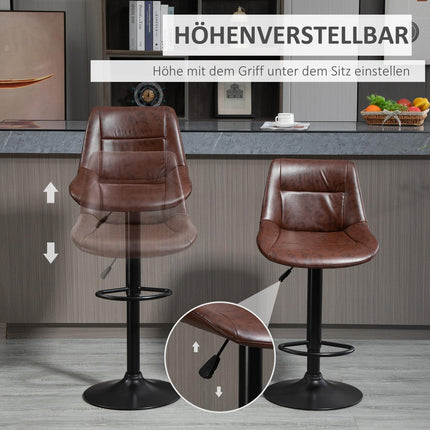 Adjustable barstools in brown artificial leather with backrest, set of 2