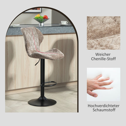 Adjustable brown chenille bar stools, 360° rotatable, set of 2
