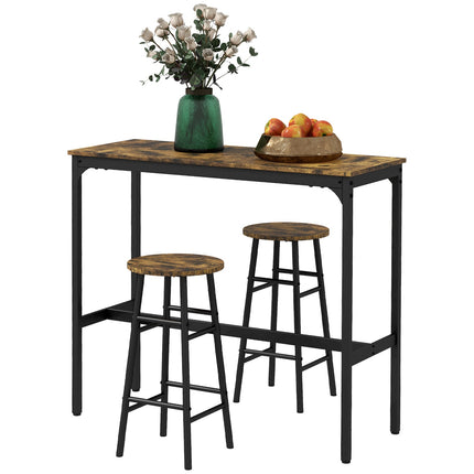 Industrial bar table set with stools, rustic brown steel