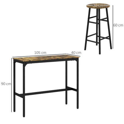 Industrial bar table set with stools, rustic brown steel