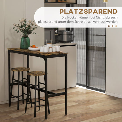 Industrial bar table set with stools, rustic brown steel
