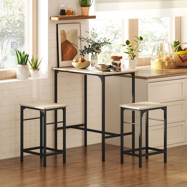 Bar Table Set with 2 Stools, Natural Wood Finish