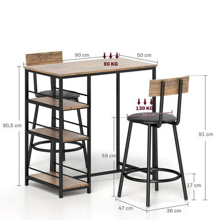 Modern bar table set, 3 parts with storage shelves