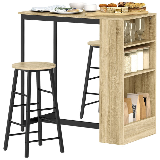 Bar table set with storage, 3-piece – Steel & Oak