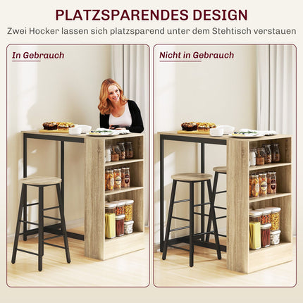 Bar table set with storage, 3-piece – Steel & Oak