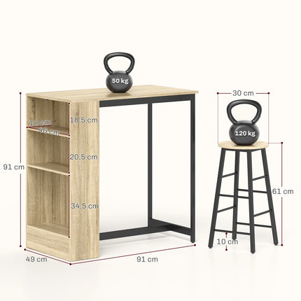 Bar table set with storage, 3-piece – Steel & Oak