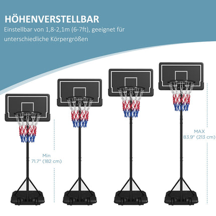 Adjustable basketball hoop with stand and wheels, 220-250 cm