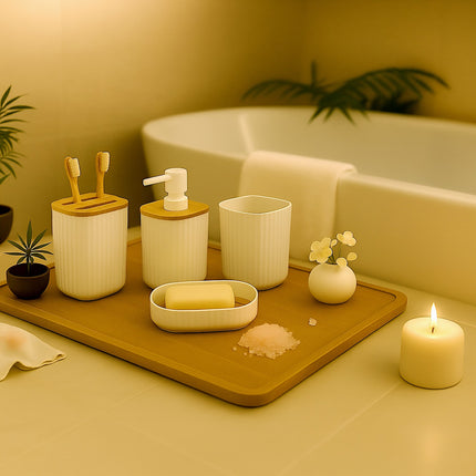 Bathroom Accessories Set, Plastic & Bamboo, 6-Piece