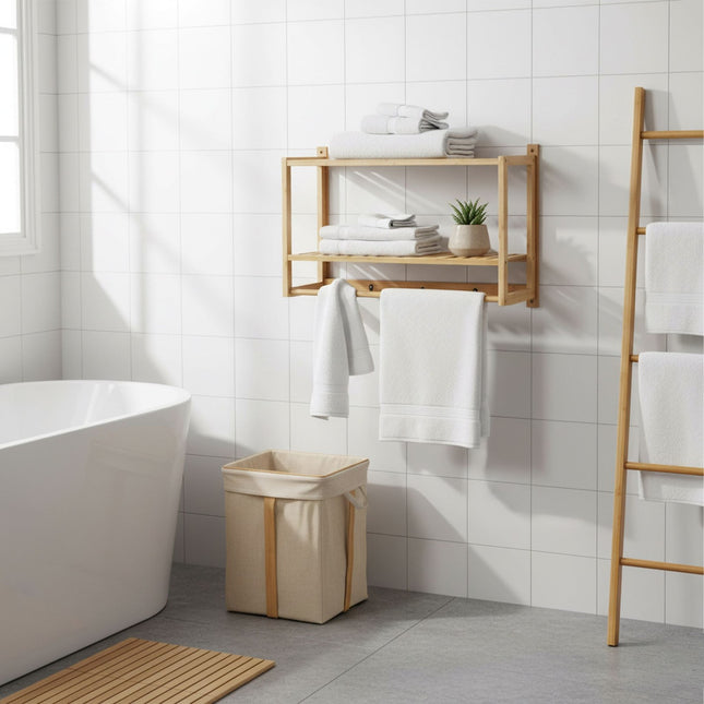 Bathroom Bamboo Shelf with Towel Rail & Hooks