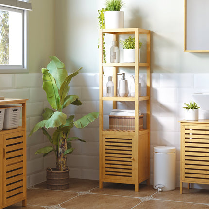 Bamboo bathroom cabinet with 3 shelves, 36x33x140cm