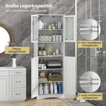 Bathroom Cabinet, Freestanding Tall Unit, 4 Doors, White, 60x30x164 cm