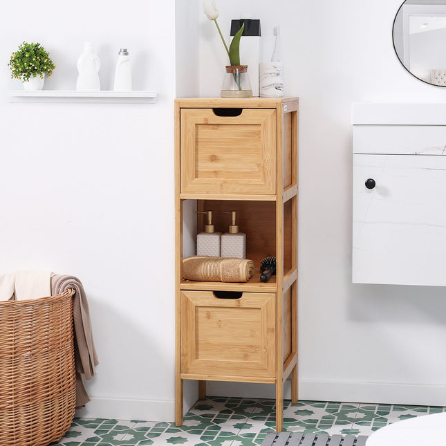 Bathroom storage cabinet in bamboo with 2 drawers, anti-tip