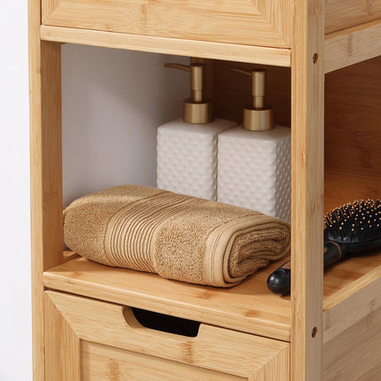Bathroom storage cabinet in bamboo with 2 drawers, anti-tip