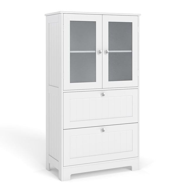 Bathroom Cabinet with 2 Drawers & Glass Doors, Adjustable Shelf