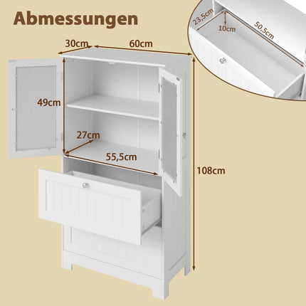 Bathroom Cabinet with 2 Drawers & Glass Doors, Adjustable Shelf