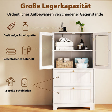 Bathroom Cabinet with 2 Drawers & Glass Doors, Adjustable Shelf