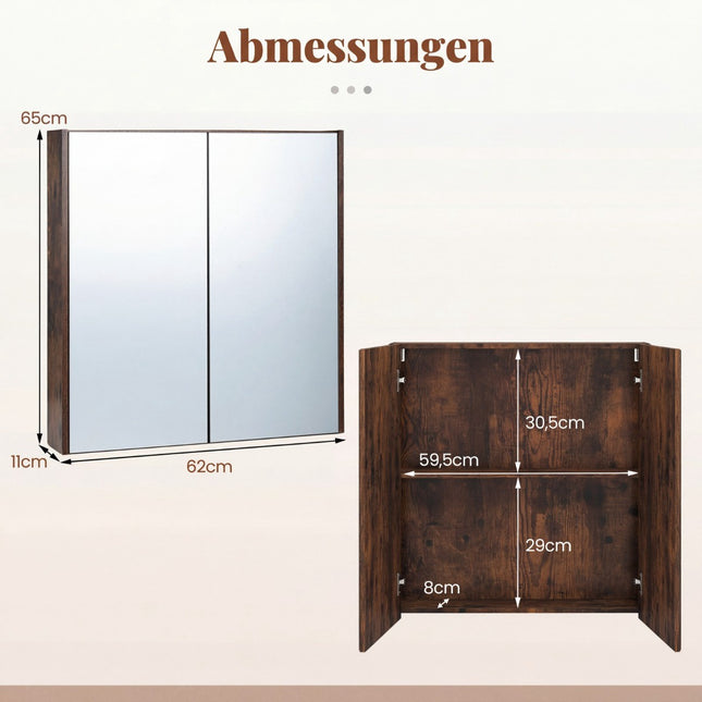 Bathroom Cabinet with Mirror Doors, Rustic Brown, 62x11x65 cm
