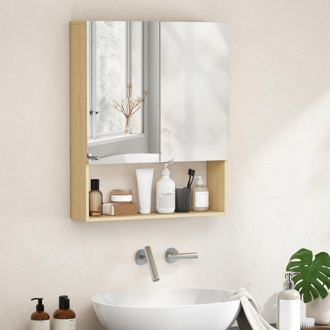 Bathroom Cabinet with Mirror Doors, Wall-Mounted, Oak Finish