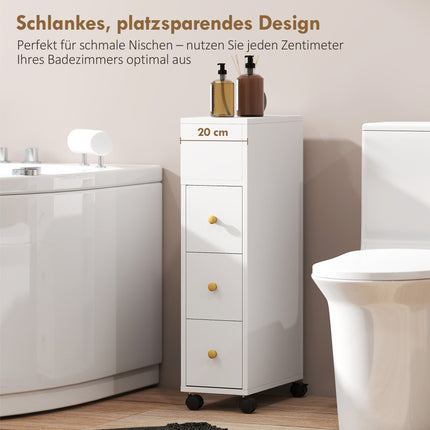 Bathroom Cabinet with Wheels, 3 Drawers, 5 Shelves, White