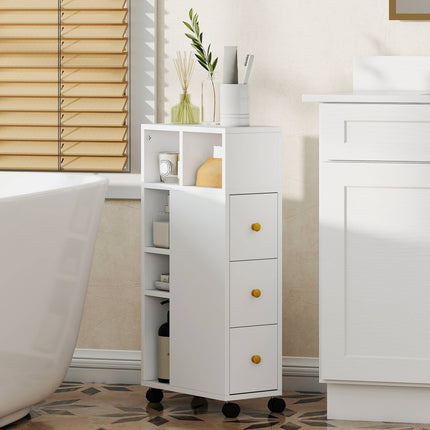 Bathroom Cabinet with Wheels, 3 Drawers, 5 Shelves, White