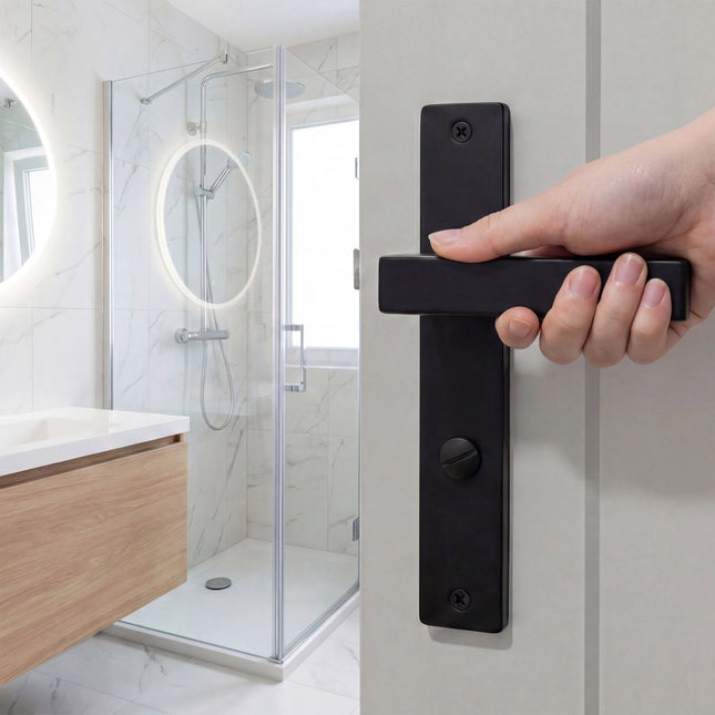 Bathroom Door Handle Set, Matt Black, Long Plate