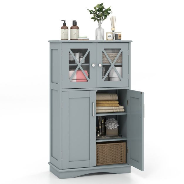 Bathroom Floor Cabinet, 4-Door Glass, Adjustable Shelves