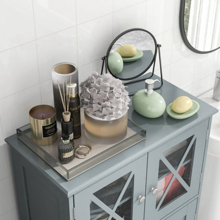 Bathroom Floor Cabinet, 4-Door Glass, Adjustable Shelves