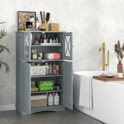 Bathroom Floor Cabinet, 4-Door Glass, Adjustable Shelves