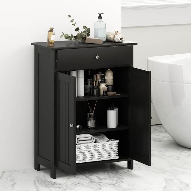 Bathroom Floor Cabinet, Freestanding, 2 Doors, Drawer, Black