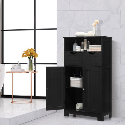Bathroom Floor Cabinet, Open Shelf, 2 Drawers, Black