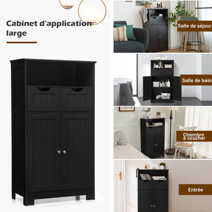 Bathroom Floor Cabinet, Open Shelf, 2 Drawers, Black