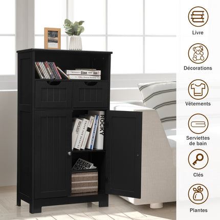 Bathroom Floor Cabinet, Open Shelf, 2 Drawers, Black