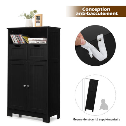 Bathroom Floor Cabinet, Open Shelf, 2 Drawers, Black