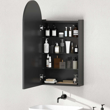 Bathroom Mirror Cabinet, Frameless Arch, Adjustable Shelves, Black