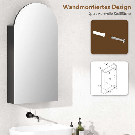 Bathroom Mirror Cabinet, Frameless Arch, Adjustable Shelves, Black