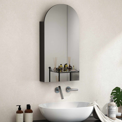 Bathroom Mirror Cabinet, Frameless Arch, Adjustable Shelves, Black