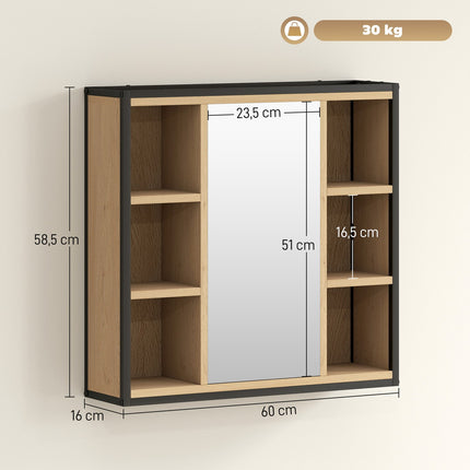Bathroom Mirror Cabinet, Oak Finish, Wall-Mounted, Adjustable Shelves