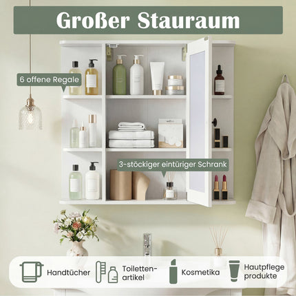 Bathroom Mirror Cabinet with 3 Shelves & 6 Open Compartments
