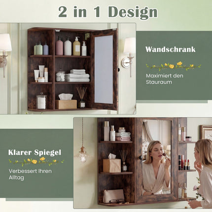 Bathroom Mirror Cabinet with 3 Shelves & 6 Open Compartments