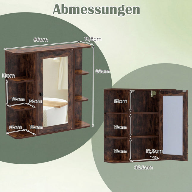 Bathroom Mirror Cabinet with 3 Shelves & 6 Open Compartments
