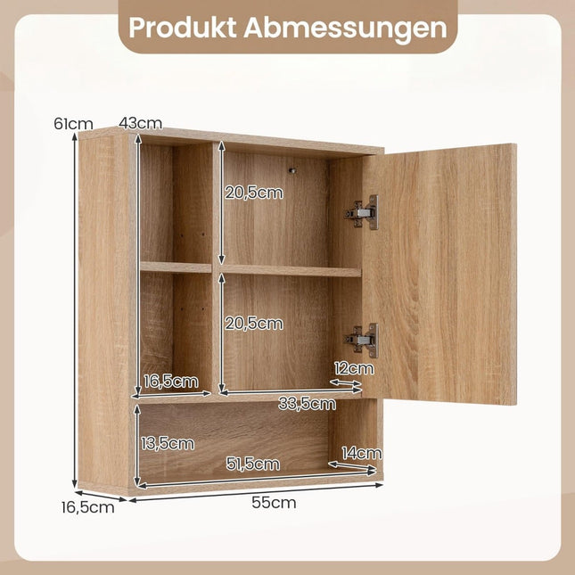 Bathroom Mirror Cabinet with Adjustable Shelves, 55x16x61 cm