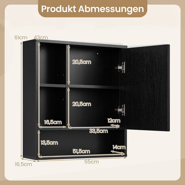 Bathroom Mirror Cabinet with Adjustable Shelves, Black, 55x16x61 cm