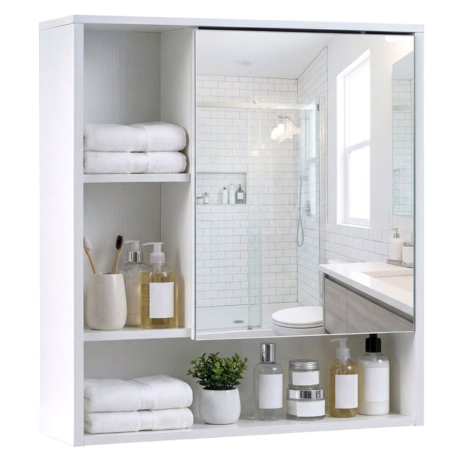 Bathroom Mirror Cabinet with Door & 3 Open Shelves, White