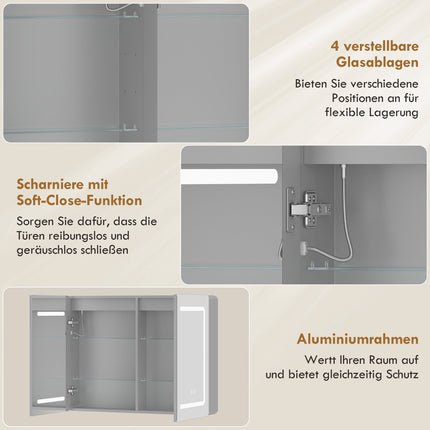 Bathroom Mirror Cabinet with LED, Anti-Fog, 80 x 60 cm