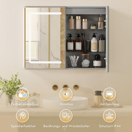 Bathroom Mirror Cabinet with LED, Anti-Fog, 80 x 60 cm