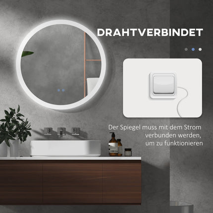 Illuminated bathroom mirror, 3 light colors, anti-fog, Ø70 Cm
