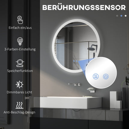 Illuminated bathroom mirror, 3 light colors, anti-fog, Ø70 Cm