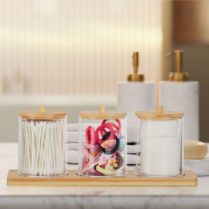 Bathroom Organizer Set with Bamboo Tray and Lids